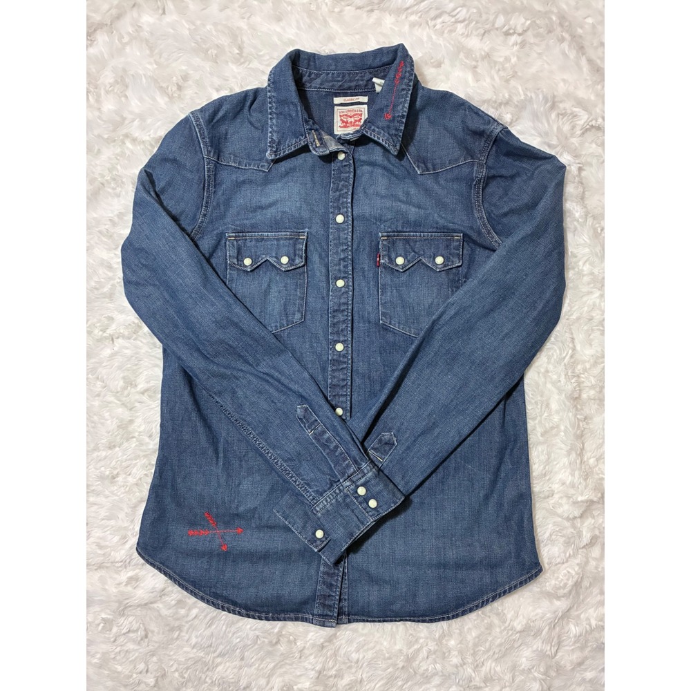 Rare Levis Woman's Jean Denim Pearl Snap Western Shirt Small Embroidered